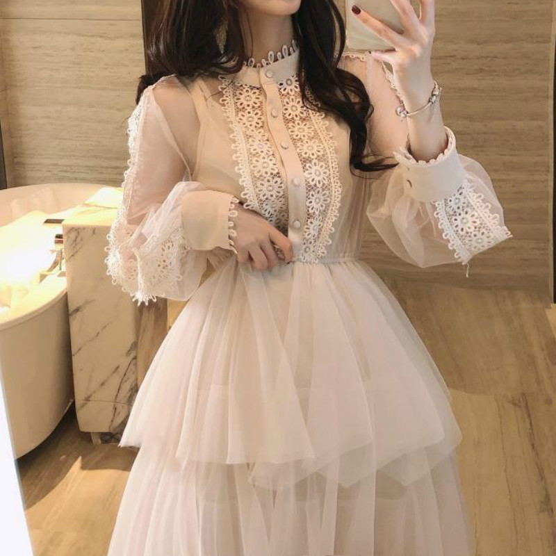 Potpuno nova čipkasta haljina s dugim rukavima i dugim rukavima iz 2023., prozirna višeslojna torta haljina visokog struka, slatka midi haljina, vestidos