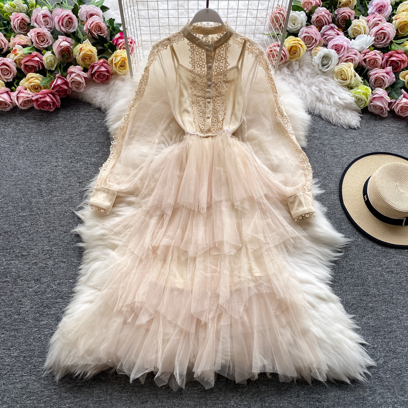 Potpuno nova čipkasta haljina s dugim rukavima i dugim rukavima iz 2023., prozirna višeslojna torta haljina visokog struka, slatka midi haljina, vestidos