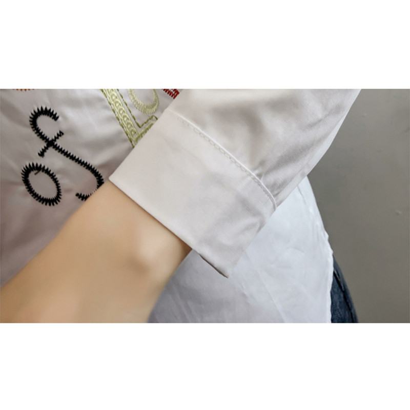 Νέα άφιξη Γυναικεία Λευκό Πουκάμισο Γράμμα Κέντημα Κοριτσιού Ολόσωμο Βαμβακερό μανίκι μπλούζα με γυριστό γιακά συν μέγεθος Loose casual τοπ