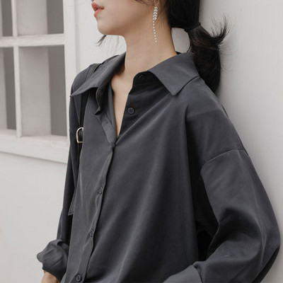 Bluze pentru femei, cu mânecă lungă, cămăși solide, largi, la modă simplă, cu nasturi în sus, stil coreean vintage, topuri elegante, guler răsturnat BF Chic