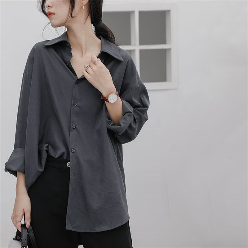Moteriškos palaidinės ilgomis rankovėmis solidūs marškiniai Laisvi, paprasti madingi mygtukai aukštyn Vintažinio korėjietiško stiliaus elegantiški viršutiniai apykaklė BF prašmatni