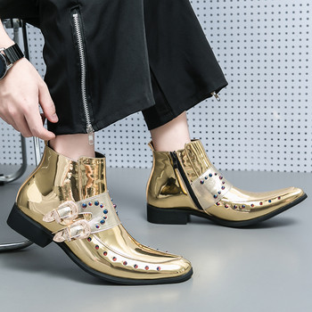 Модни мъжки кристални кожени ботуши Челси Мъжки луксозни сценични ботуши до глезена Мъжки ежедневни къси ботуши в британски стил Златни обувки с висока горна част