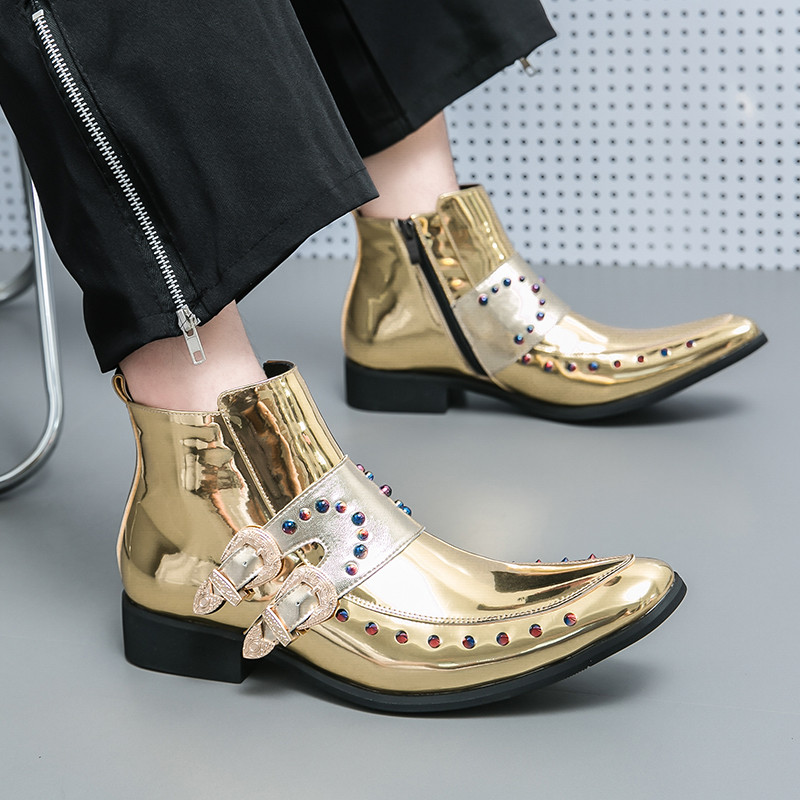 Modne muške kristalno kožne Chelsea čizme Muške luksuzne pozornice gležnjače Muške ležerne kratke čizme u britanskom stilu Visoke zlatne cipele