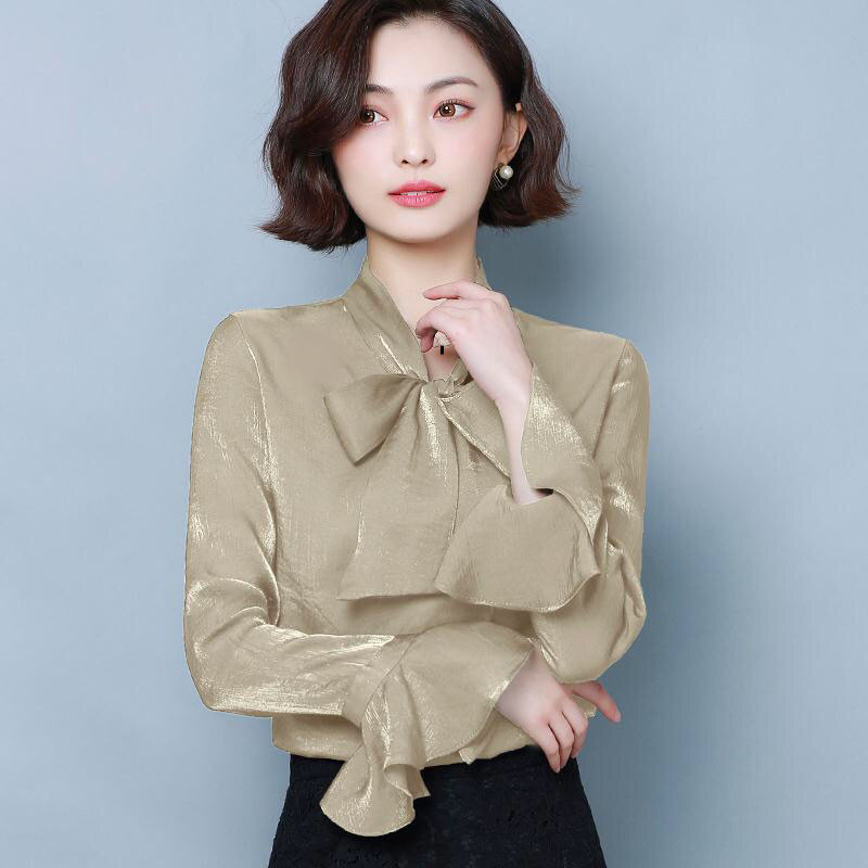 Jesen Proljeće Žene Ženska velika mašna ovratnik dugih rukava Žuta bež bluza Gornja majica, ženska odjeća, gornji dijelovi bluze za žene