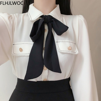 Дамско базово офис дамско работно облекло Секси полупрозрачни сладки папийонки Горна част с едноредно копче Едноцветни бели ризи Блузи