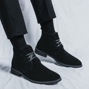 2023 Модни нови плюшени ботуши Chelsea Wram Мъжки зимни черни велурени високи горнища с връзки за мъже Обувки с равни обувки Botas Mujer