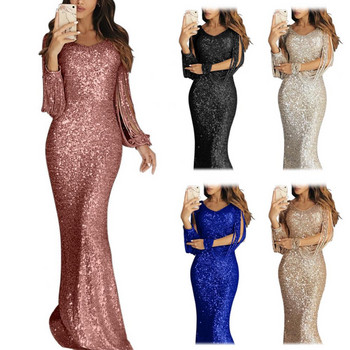 Κομψό Γυναικείο Vestidos Plus Size Chic γυναικείο μανίκι φανάρι με παγιέτες Φούντα μακρυμάνικο V λαιμό Bodycon Party Maxi