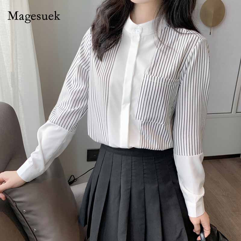 Jesenske modne ženske bluze s dugim rukavima od šifona, vintage prugaste bijele ženske košulje, ženske Ropa De Mujer 10902