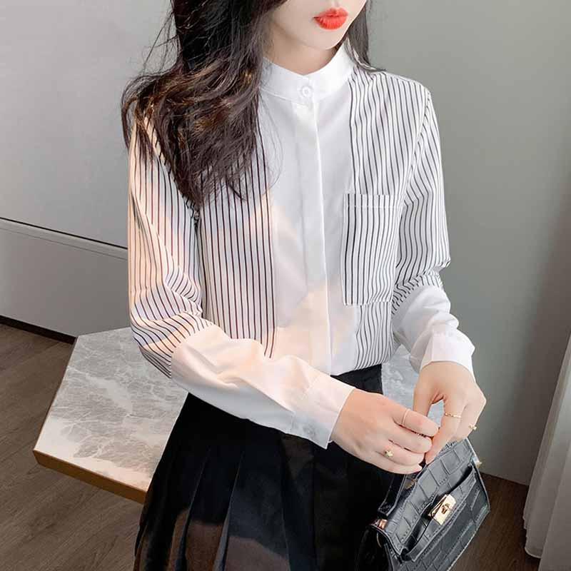Jesenske modne ženske bluze s dugim rukavima od šifona, vintage prugaste bijele ženske košulje, ženske Ropa De Mujer 10902