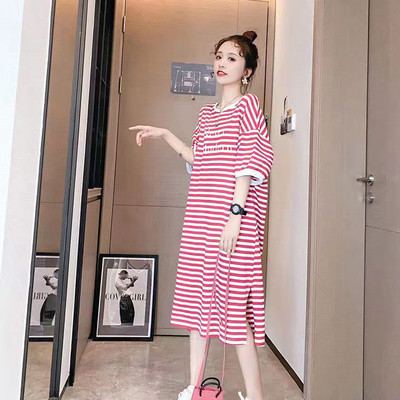 Haljina s plavim prugama Ženska ljetna nova moda 2023. Korejske srednje duge široke majice kratkih rukava, ležerne uredske haljine do koljena