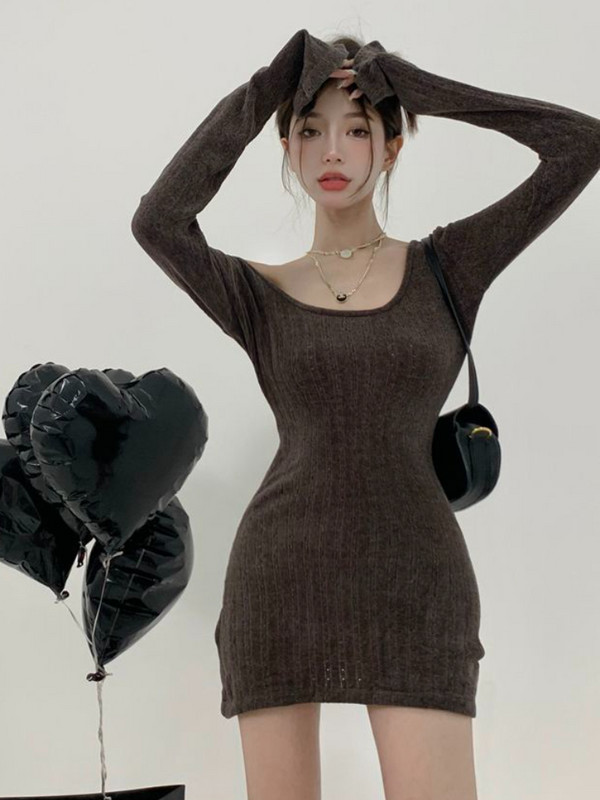 Mini rochii tricotate femei minimaliste solide cu mâneci lungi sexy elegante fete fierbinți scobiți design retro modă șic de toamnă