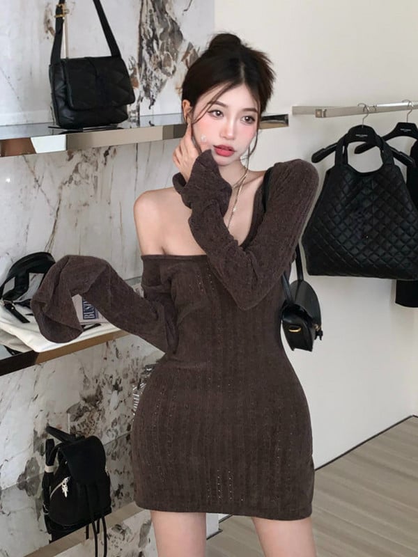 Mini rochii tricotate femei minimaliste solide cu mâneci lungi sexy elegante fete fierbinți scobiți design retro modă șic de toamnă