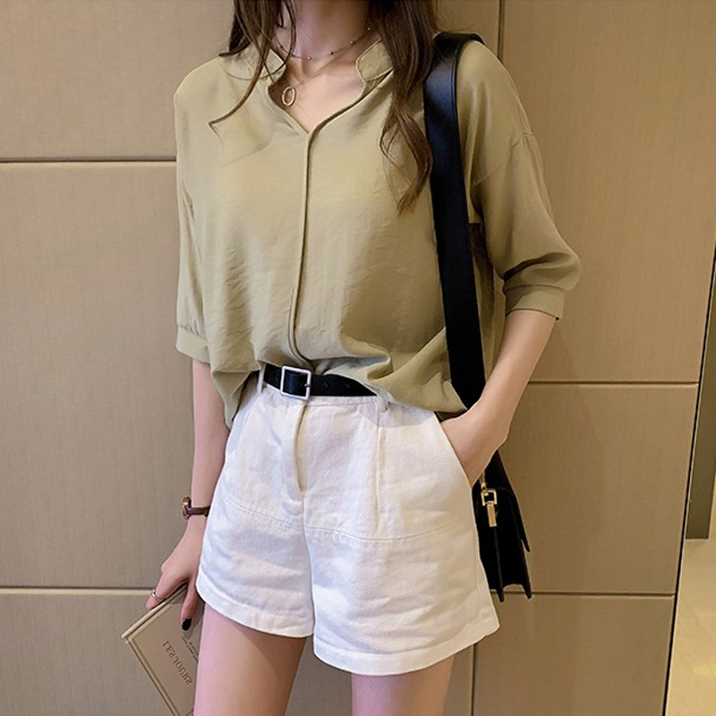 Femei Cu jumătate de mânecă Cămăși largi Cămașă OL Haine Blusa Feminina Unii Bluză Casual Office Lady Summer Toamna Cămașă din șifon 11385