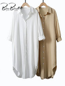 „BlingBlingee“ 2023 m. pavasario negabaritinės moteriškos baltos marškinių suknelės „Traf“ senovinės ilgomis rankovėmis, lenktais apvadais, medvilninės lininės moteriškos vidutinio dydžio suknelės