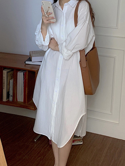 „BlingBlingee“ 2023 m. pavasario negabaritinės moteriškos baltos marškinių suknelės „Traf“ senovinės ilgomis rankovėmis, lenktais apvadais, medvilninės lininės moteriškos vidutinio dydžio suknelės