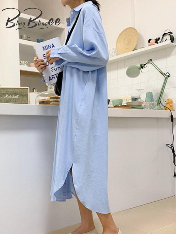 „BlingBlingee“ 2023 m. pavasario negabaritinės moteriškos baltos marškinių suknelės „Traf“ senovinės ilgomis rankovėmis, lenktais apvadais, medvilninės lininės moteriškos vidutinio dydžio suknelės