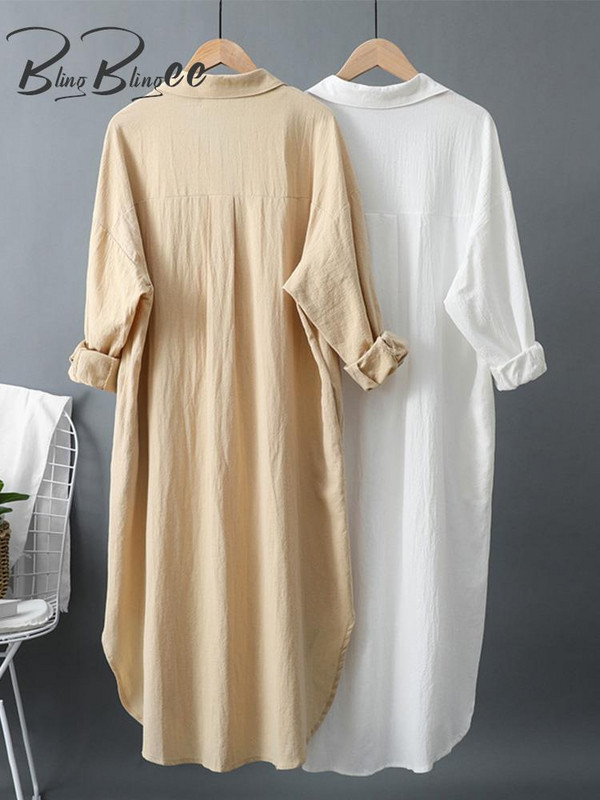 „BlingBlingee“ 2023 m. pavasario negabaritinės moteriškos baltos marškinių suknelės „Traf“ senovinės ilgomis rankovėmis, lenktais apvadais, medvilninės lininės moteriškos vidutinio dydžio suknelės