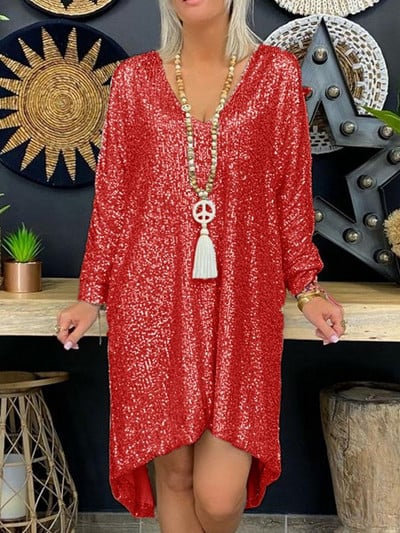 Rochie de petrecere cu paiete la modă pentru femei, sexy, cu mânecă lungă în V adânc, lejer, lejer, rochii neregulate de plajă, îmbrăcăminte pentru femei, rochii