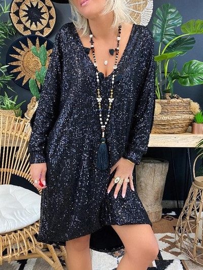 Rochie de petrecere cu paiete la modă pentru femei, sexy, cu mânecă lungă în V adânc, lejer, lejer, rochii neregulate de plajă, îmbrăcăminte pentru femei, rochii