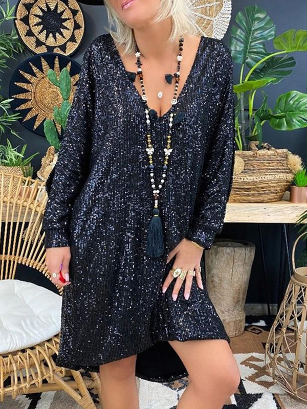 Rochie de petrecere cu paiete la modă pentru femei, sexy, cu mânecă lungă în V adânc, lejer, lejer, rochii neregulate de plajă, îmbrăcăminte pentru femei, rochii