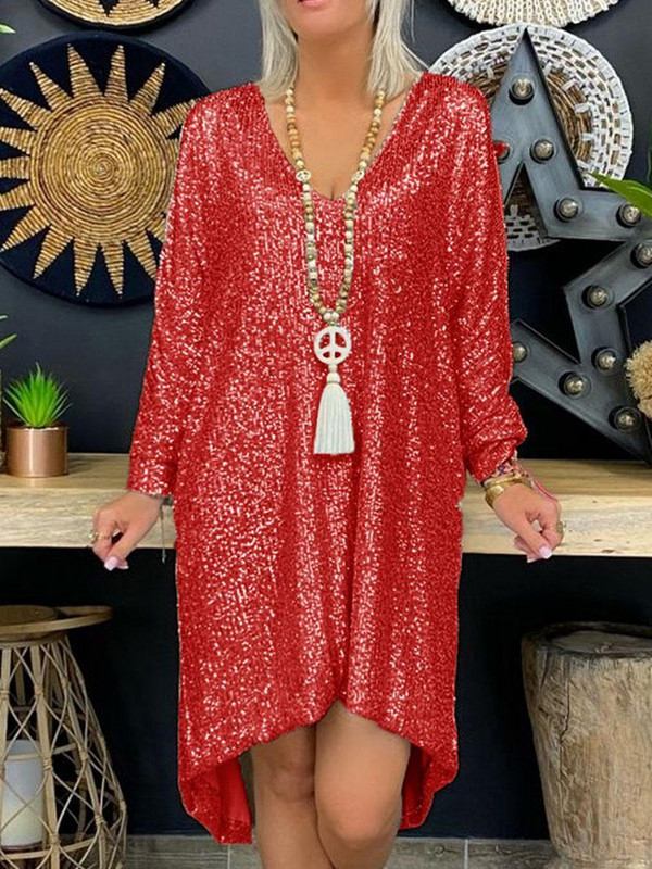 Rochie de petrecere cu paiete la modă pentru femei, sexy, cu mânecă lungă în V adânc, lejer, lejer, rochii neregulate de plajă, îmbrăcăminte pentru femei, rochii