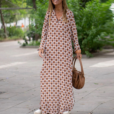 Φόρεμα με ρετρό μοτίβο με μισό μανίκι V λαιμόκοψη 2022 Άνοιξη καλοκαίρι Γυναικεία casual φαρδιά μακριά φορέματα πάρτι Κομψό μάξι γυναικείο φόρεμα