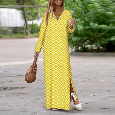 Φόρεμα με ρετρό μοτίβο με μισό μανίκι V λαιμόκοψη 2022 Άνοιξη καλοκαίρι Γυναικεία casual φαρδιά μακριά φορέματα πάρτι Κομψό μάξι γυναικείο φόρεμα