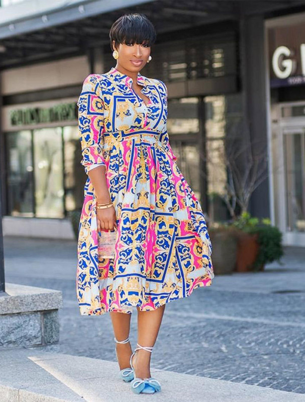 2021, nou sosire, rochie de brand celebru, imprimeu de lux, cu decolteu, maneca lunga, rochie midi pentru dama de birou, rochii