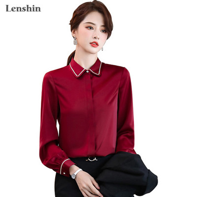 Lenshin New Fabric Висококачествена гладка и мека риза Patchw за жени Блуза Вратовръзка Елегантни топове с дълъг ръкав Офис дамско работно облекло