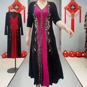 Vintažinio spausdinimo kratinys ilga suknelė pavasario rudenį Nauji deimantai Moteriški drabužiai Laisvi madinga V formos iškirptė ilgomis rankovėmis A linijos suknelės