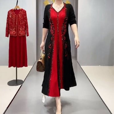 Vintažinio spausdinimo kratinys ilga suknelė pavasario rudenį Nauji deimantai Moteriški drabužiai Laisvi madinga V formos iškirptė ilgomis rankovėmis A linijos suknelės