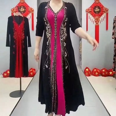 Vintažinio spausdinimo kratinys ilga suknelė pavasario rudenį Nauji deimantai Moteriški drabužiai Laisvi madinga V formos iškirptė ilgomis rankovėmis A linijos suknelės