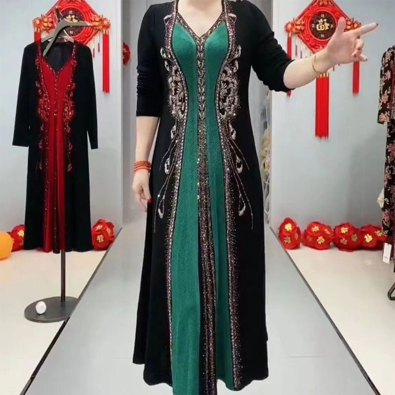 Vintažinio spausdinimo kratinys ilga suknelė pavasario rudenį Nauji deimantai Moteriški drabužiai Laisvi madinga V formos iškirptė ilgomis rankovėmis A linijos suknelės