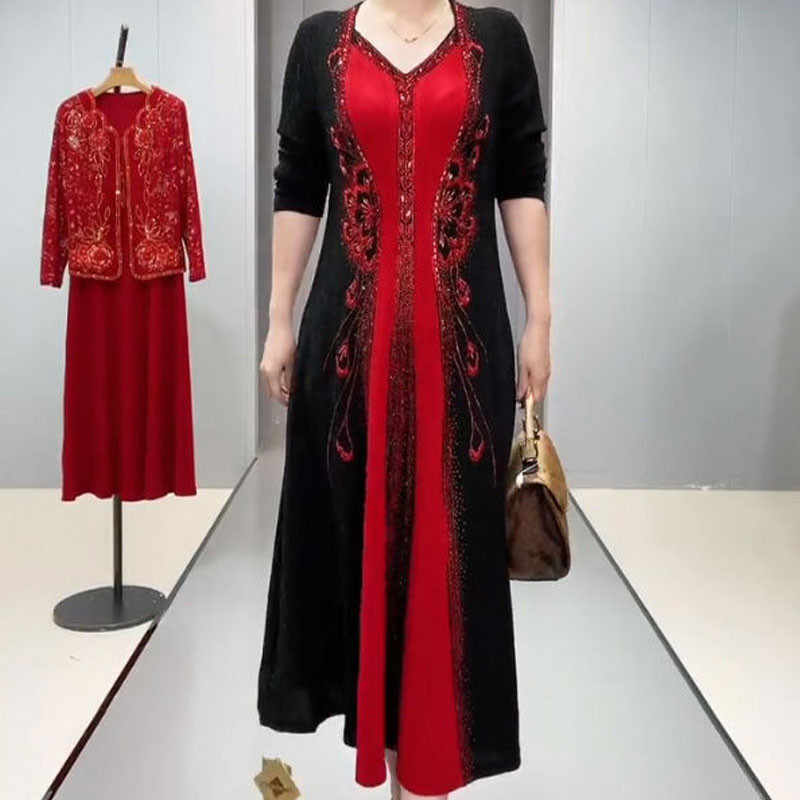 Vintažinio spausdinimo kratinys ilga suknelė pavasario rudenį Nauji deimantai Moteriški drabužiai Laisvi madinga V formos iškirptė ilgomis rankovėmis A linijos suknelės