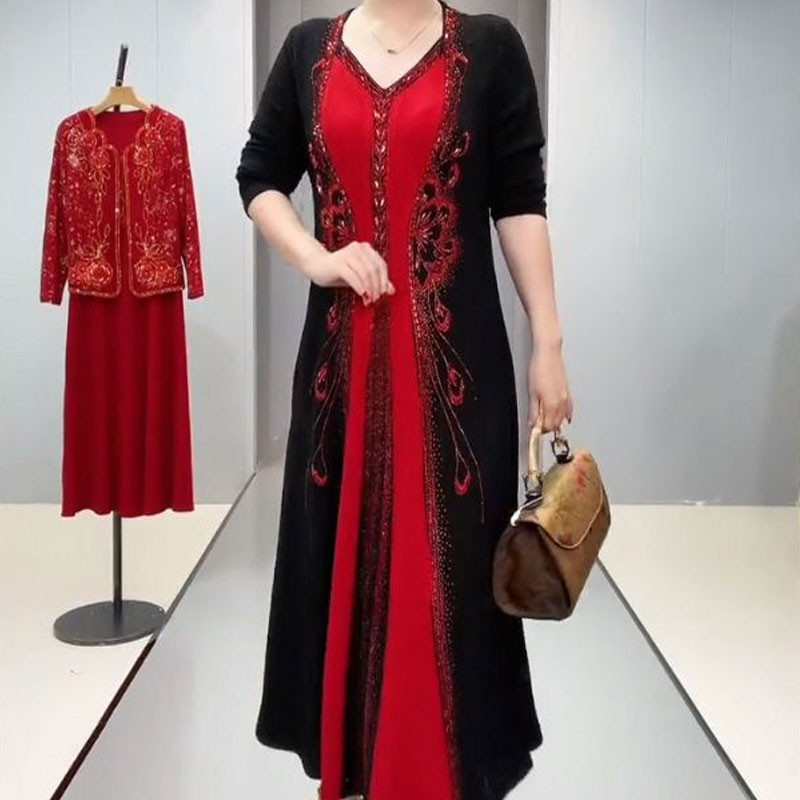 Vintažinio spausdinimo kratinys ilga suknelė pavasario rudenį Nauji deimantai Moteriški drabužiai Laisvi madinga V formos iškirptė ilgomis rankovėmis A linijos suknelės