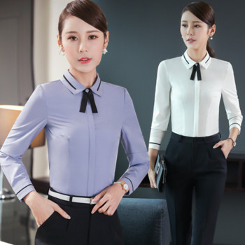 Пролетен корейски дизайн с офис дамски елегантни официални блузи и горнища с панделка и изрязана деколте Едноцветни ризи с голям размер Z15
