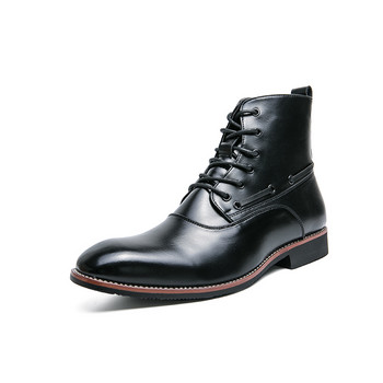 Зимни нови дизайнерски боти до глезена Мъжки двуцветни черни кафяви лачени британски мъжки високи обувки с връзки Маркови обувки