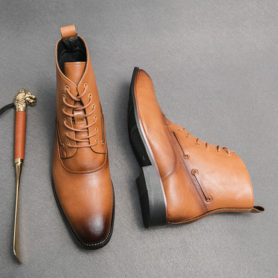 Žiemos naujovė dizainerio kulkšnies batai vyriški dviejų atspalvių juoda ruda lakinė britų vyrų suvarstomi aukštakulniai batai prekės ženklo avalynė