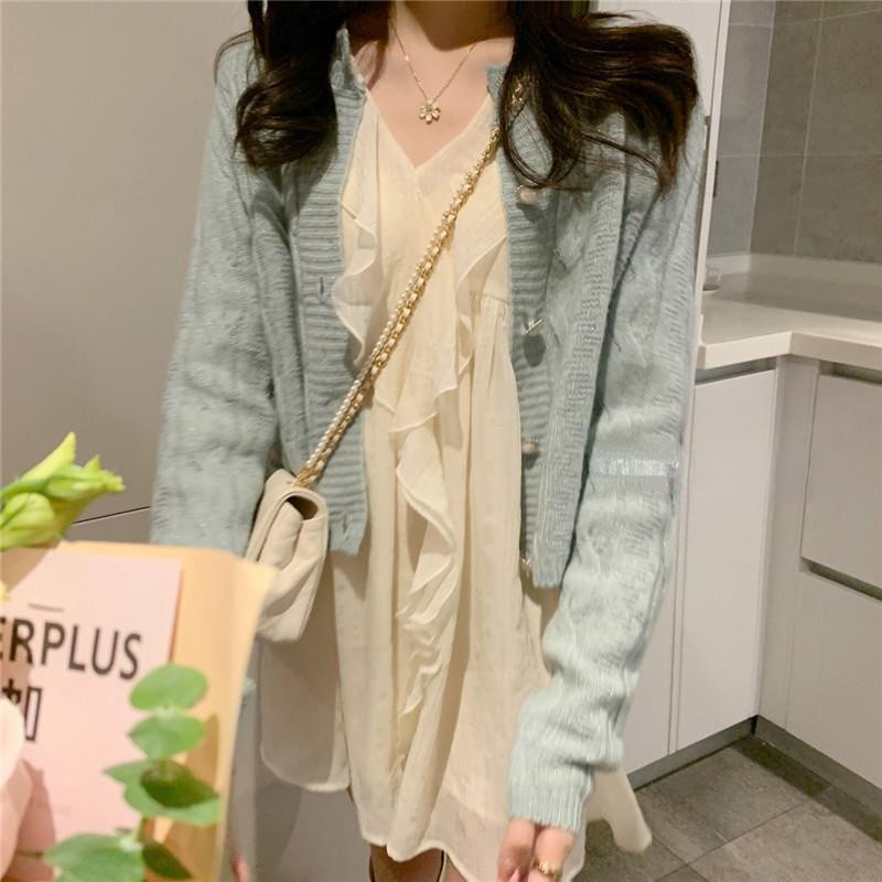 Rochie cu mânecă lungă, solidă, elegantă, prințesă, cu volane, cu decolteu în V, pentru femei, design de bază, mini populare de primăvară șic, promoție Ulzzang