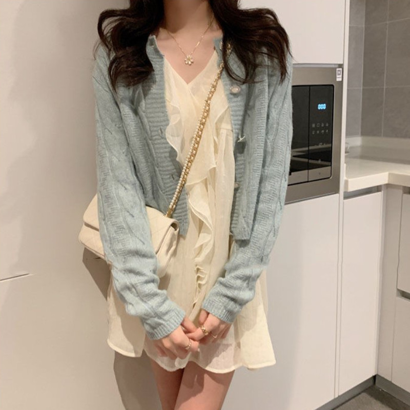 Rochie cu mânecă lungă, solidă, elegantă, prințesă, cu volane, cu decolteu în V, pentru femei, design de bază, mini populare de primăvară șic, promoție Ulzzang