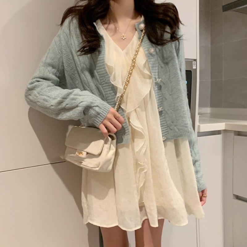 Rochie cu mânecă lungă, solidă, elegantă, prințesă, cu volane, cu decolteu în V, pentru femei, design de bază, mini populare de primăvară șic, promoție Ulzzang