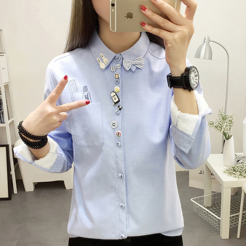 toamnă iarnă bluză drăguță cu broderie în dungi pentru femei, cu mânecă lungă, plus cămașă din catifea, topuri calde, subțiri, îngroșate