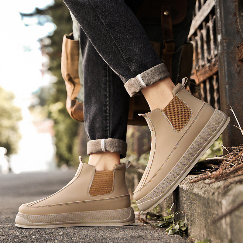 Modne sive čizme Chelsea s platformom Muške trendi visoke muške kožne čizme na navlačenje Ležerne udobne neklizajuće muške gležnjače