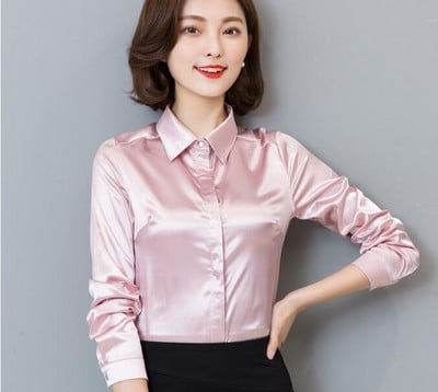 Nauji povo mėlyni atlasiniai marškiniai moteriški ilgomis rankovėmis šilkinės palaidinės Moteriškos darbo aprangos vienodi biuro marškiniai Paprasti palaidinės viršūnės S-3XL
