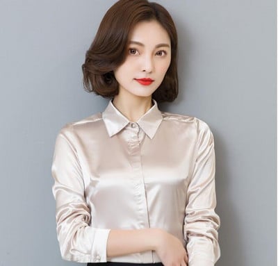 Nauji povo mėlyni atlasiniai marškiniai moteriški ilgomis rankovėmis šilkinės palaidinės Moteriškos darbo aprangos vienodi biuro marškiniai Paprasti palaidinės viršūnės S-3XL