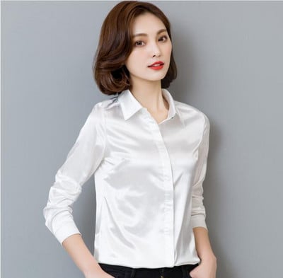 Nauji povo mėlyni atlasiniai marškiniai moteriški ilgomis rankovėmis šilkinės palaidinės Moteriškos darbo aprangos vienodi biuro marškiniai Paprasti palaidinės viršūnės S-3XL