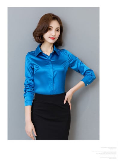 Nauji povo mėlyni atlasiniai marškiniai moteriški ilgomis rankovėmis šilkinės palaidinės Moteriškos darbo aprangos vienodi biuro marškiniai Paprasti palaidinės viršūnės S-3XL
