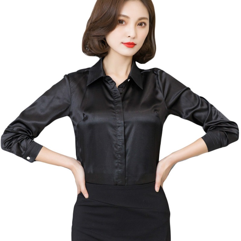 Nauji povo mėlyni atlasiniai marškiniai moteriški ilgomis rankovėmis šilkinės palaidinės Moteriškos darbo aprangos vienodi biuro marškiniai Paprasti palaidinės viršūnės S-3XL