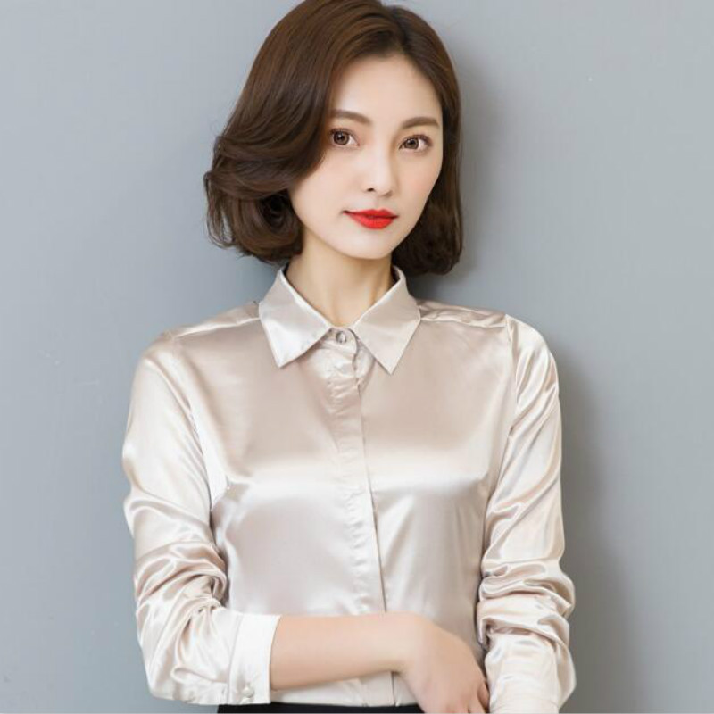 Nauji povo mėlyni atlasiniai marškiniai moteriški ilgomis rankovėmis šilkinės palaidinės Moteriškos darbo aprangos vienodi biuro marškiniai Paprasti palaidinės viršūnės S-3XL