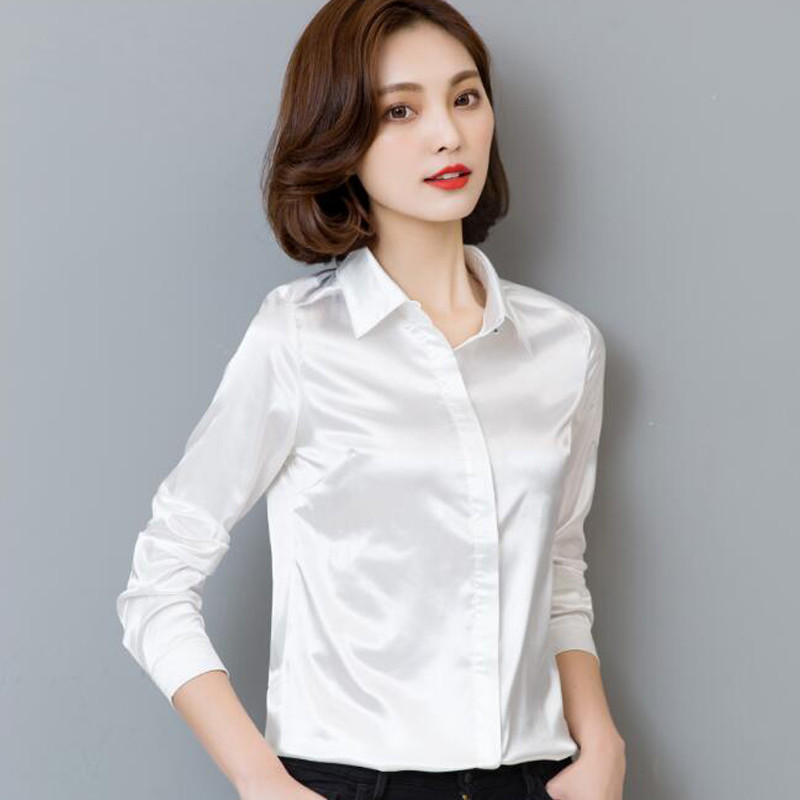 Nauji povo mėlyni atlasiniai marškiniai moteriški ilgomis rankovėmis šilkinės palaidinės Moteriškos darbo aprangos vienodi biuro marškiniai Paprasti palaidinės viršūnės S-3XL